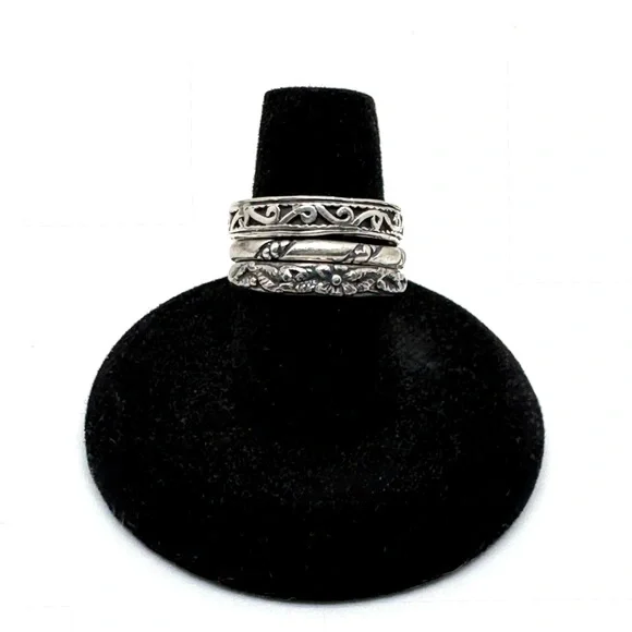 Sterling Silver Stacking Rings Dainty Bands Filigree Floral Size 7 1/2 to 7 3/4 - Picture 2 of 13